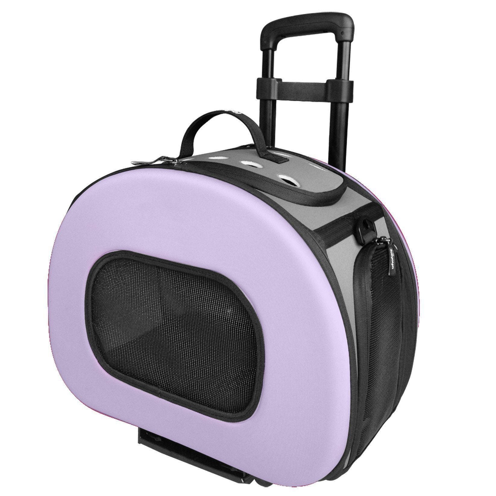 Purple wheeled pet carrier crate with side handle and front mesh window