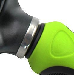 Green handle grooming rake with metal collar and black rubber base