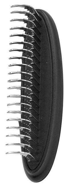 Black grooming rake head with dense metal teeth rows on oval base