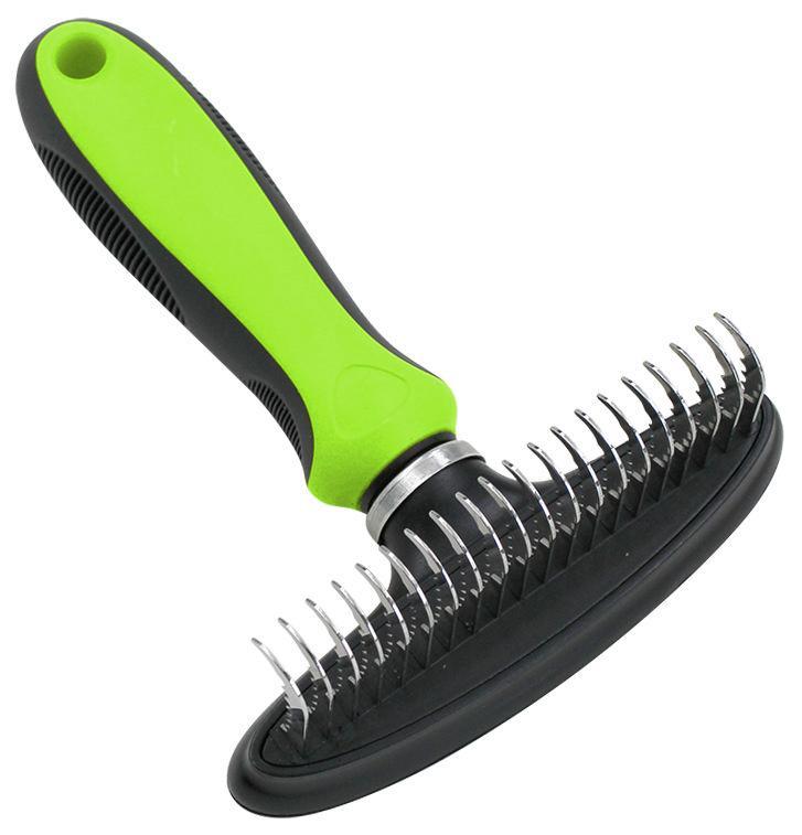 Green undercoat dematter grooming rake with dual rows of metal teeth, black base