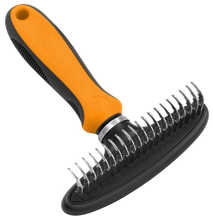 Orange undercoat dematter grooming rake with metal teeth rows and black base