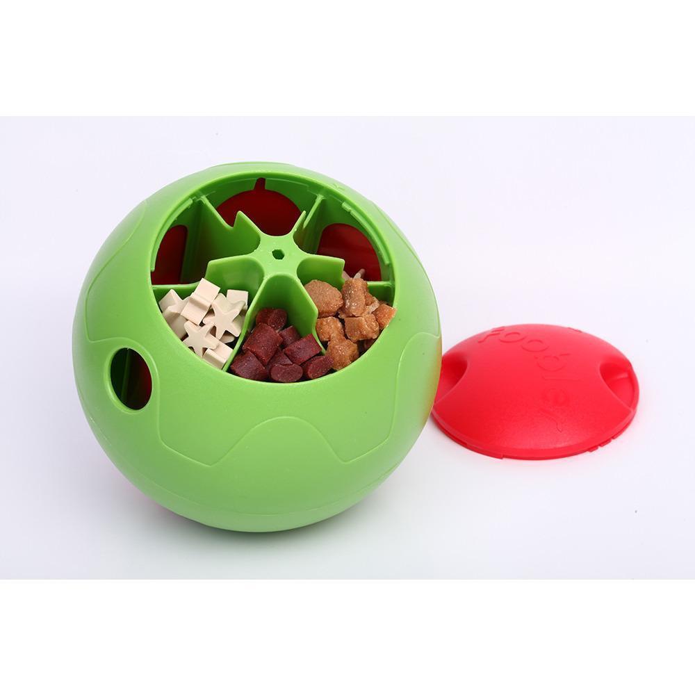 Puzzle food dispenser ball open with kibble, green base and red cover