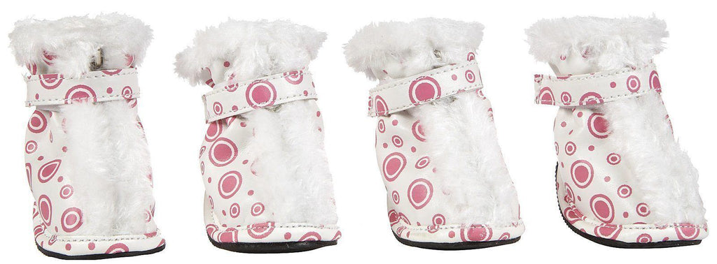 Pink & white dog winter boots with round print, fuzzy cuff and textured black sole