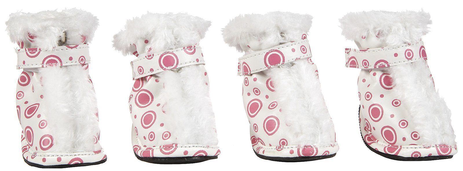 Pink & white dog winter boots with round print, fuzzy cuff and textured black sole