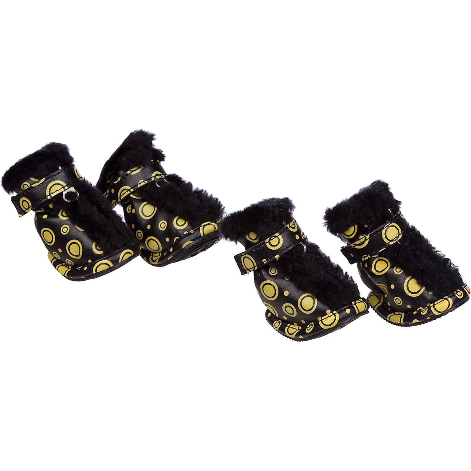 Black dog boots with yellow circular pattern, fuzzy cuff, flexible rubber outsole