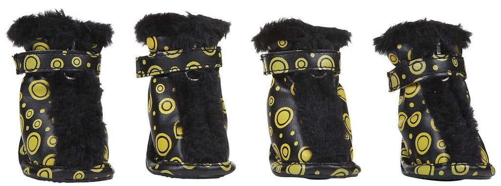 Black dog winter boots, yellow circular pattern, fuzzy faux-fur trim and PVC sides