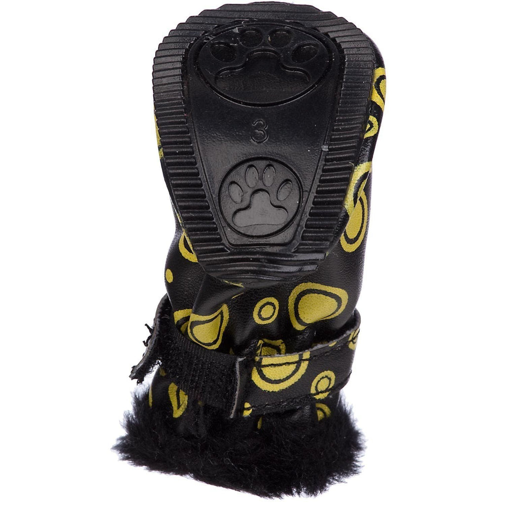 Underside view: black tread sole for dog winter boots with yellow circular trim