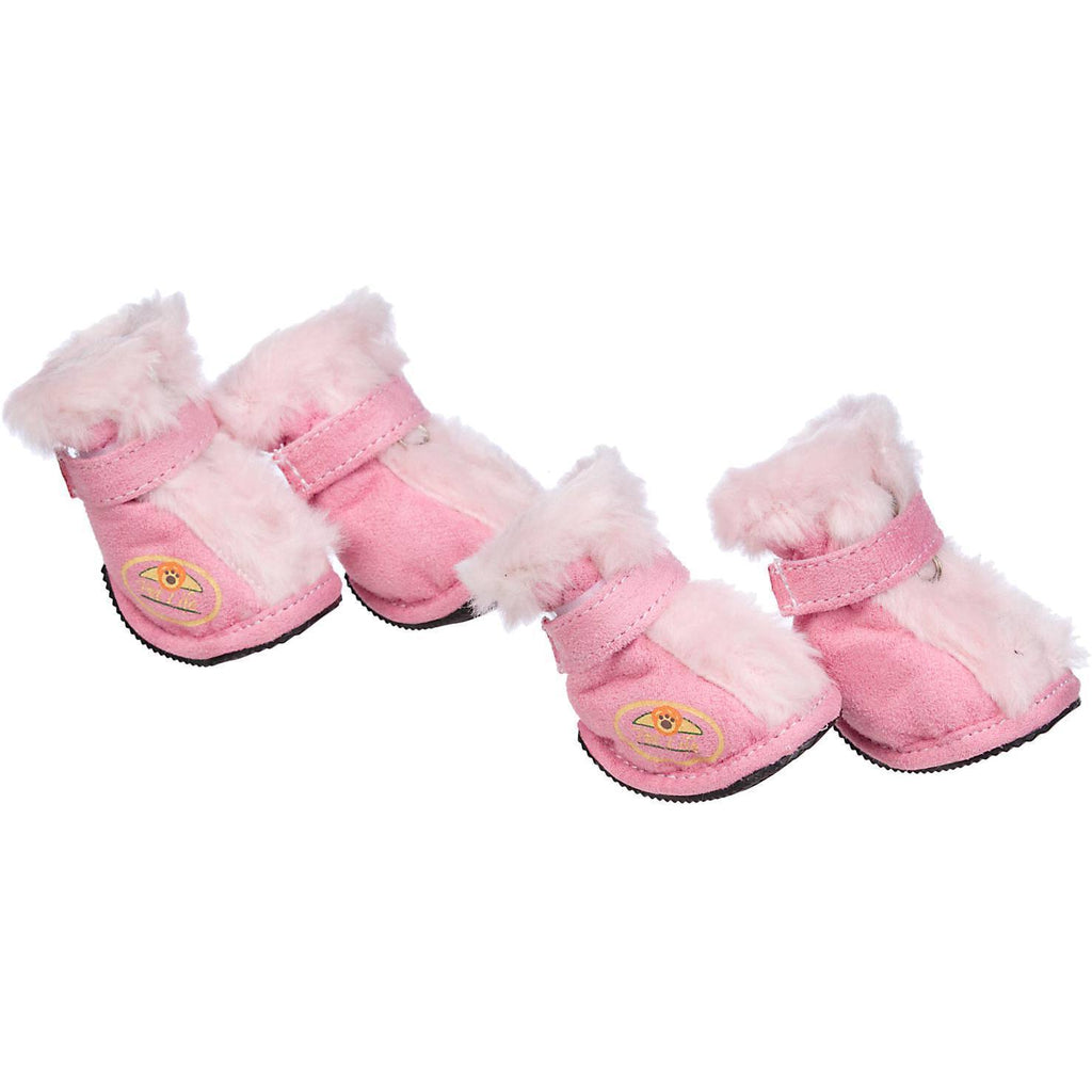 Pink insulated dog boots set of 4, faux fur tops and suede-look straps