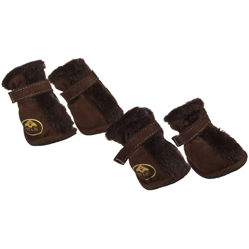 Dark brown insulated dog boots set of 4, faux fur cuffs and suede-look straps