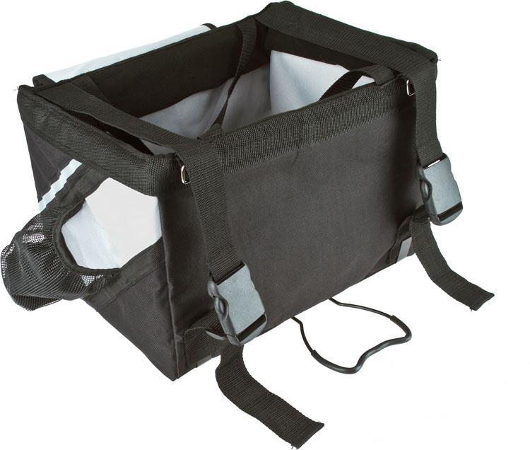 Black pet bike basket attachment with padded inner walls and adjustable cross-strap handle
