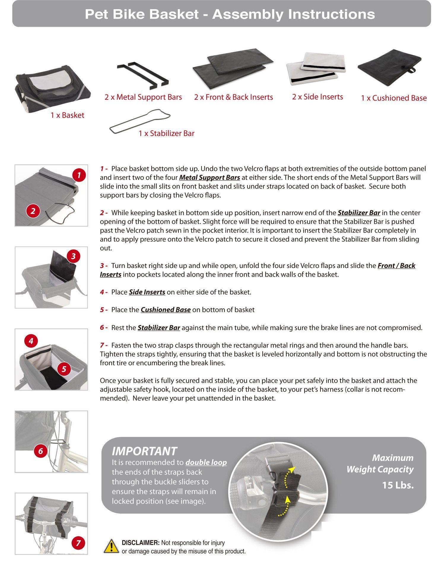 Pet bike basket assembly instructions diagram, parts shown and maximum weight 15 lbs