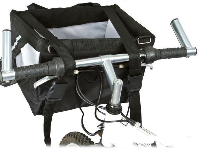 Black soft folding pet bike basket attachment with straps and buckles, open interior