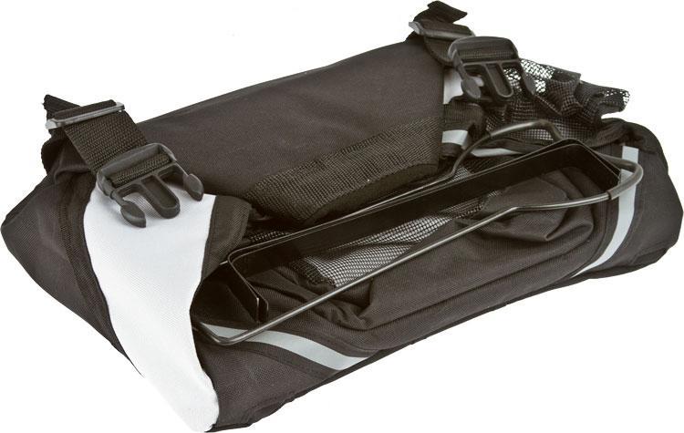 Folded black pet bike basket attachment with metal support frame and securing straps