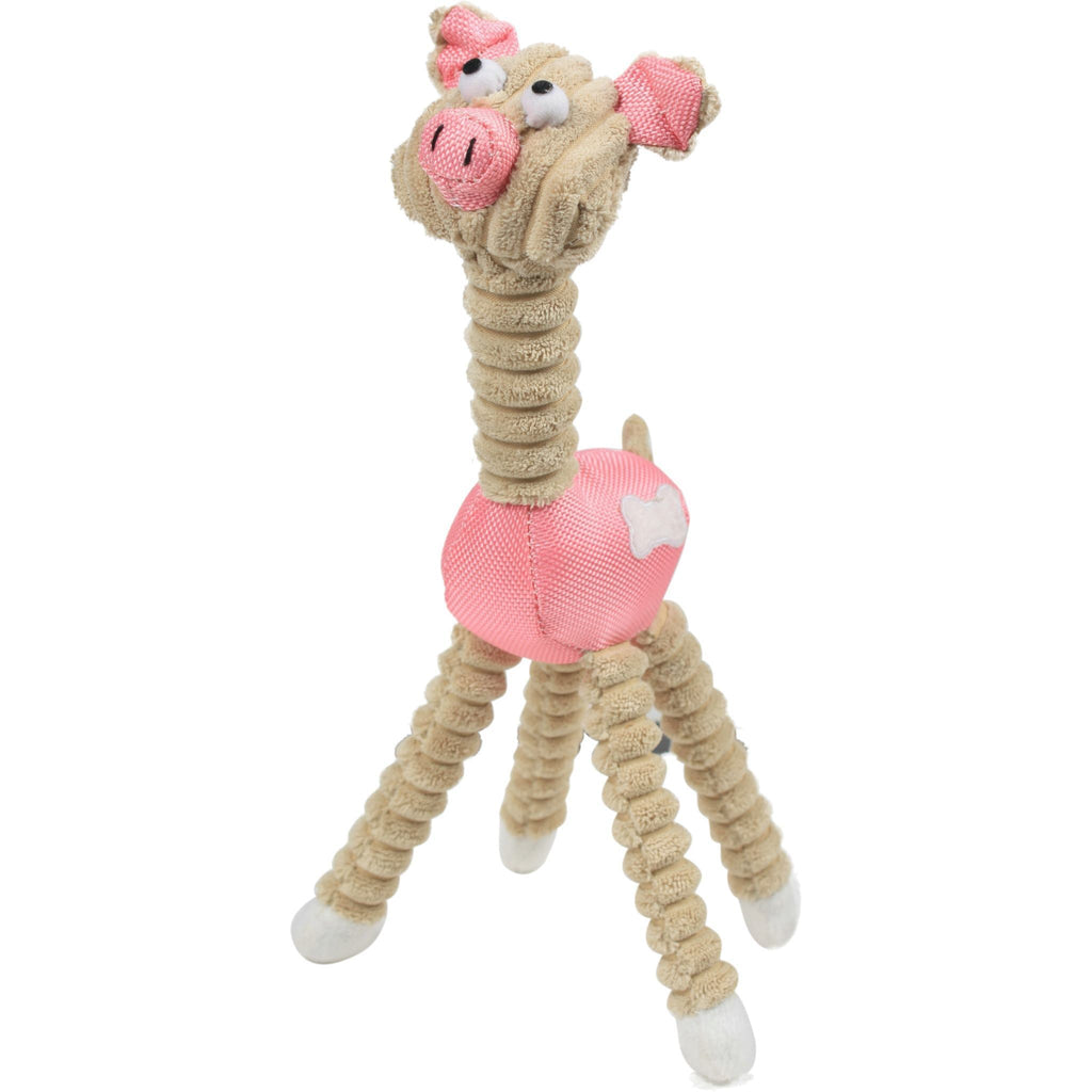Pink plush jute-rope squeak chew toy, animal face on long rope legs; dog toy