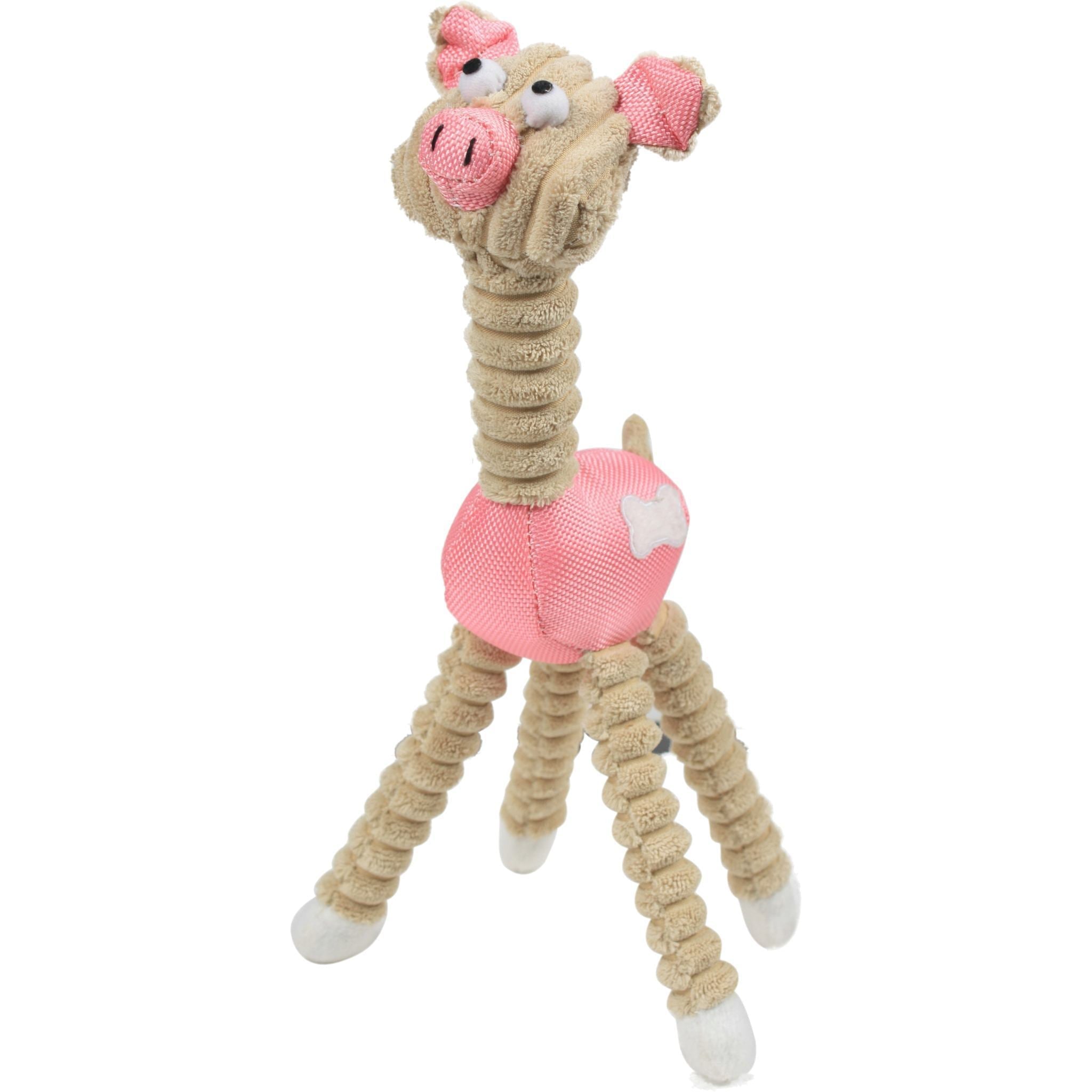 Pink plush jute-rope squeak chew toy, animal face on long rope legs; dog toy