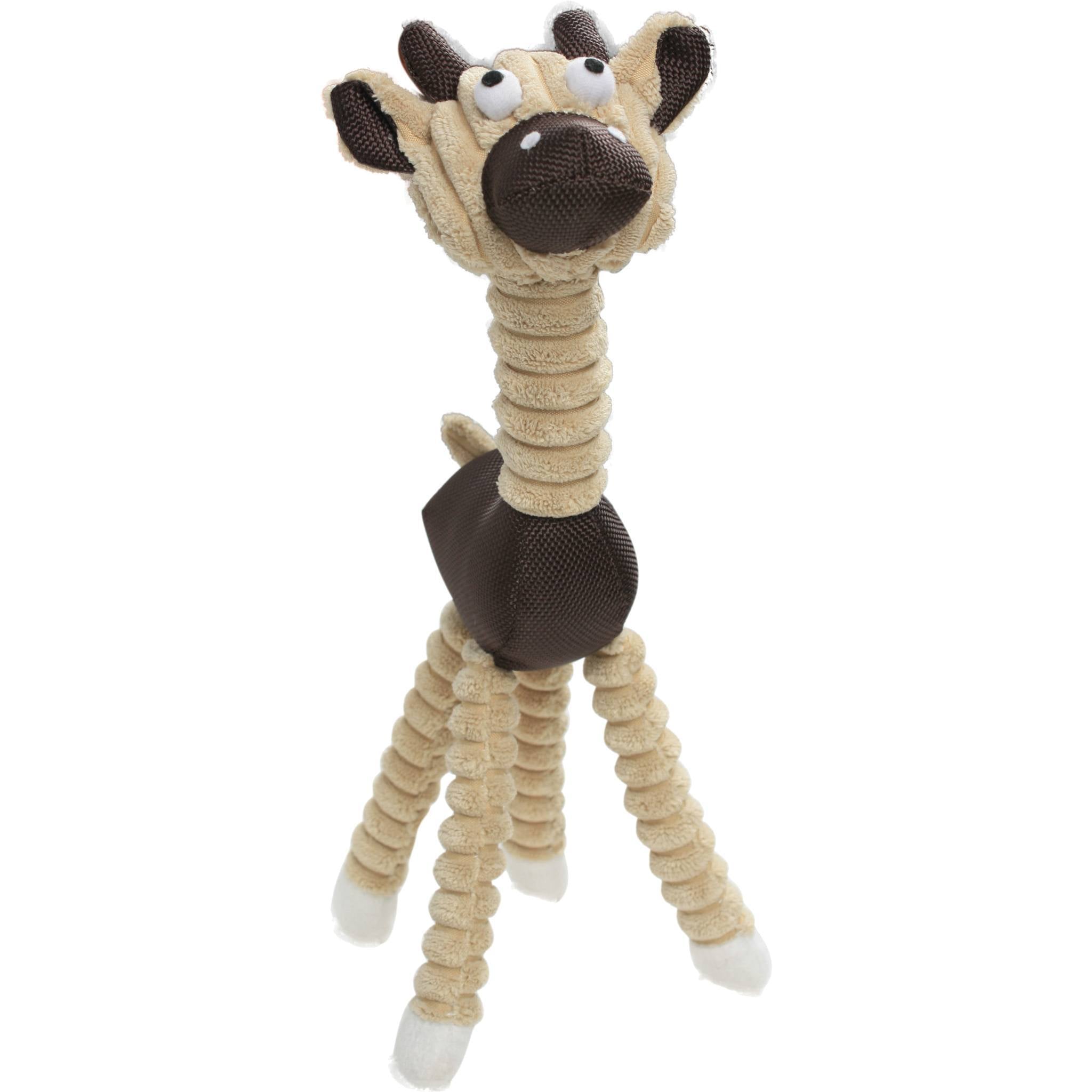Brown plush jute-rope squeak chew toy, animal face with long rope legs; dog toy