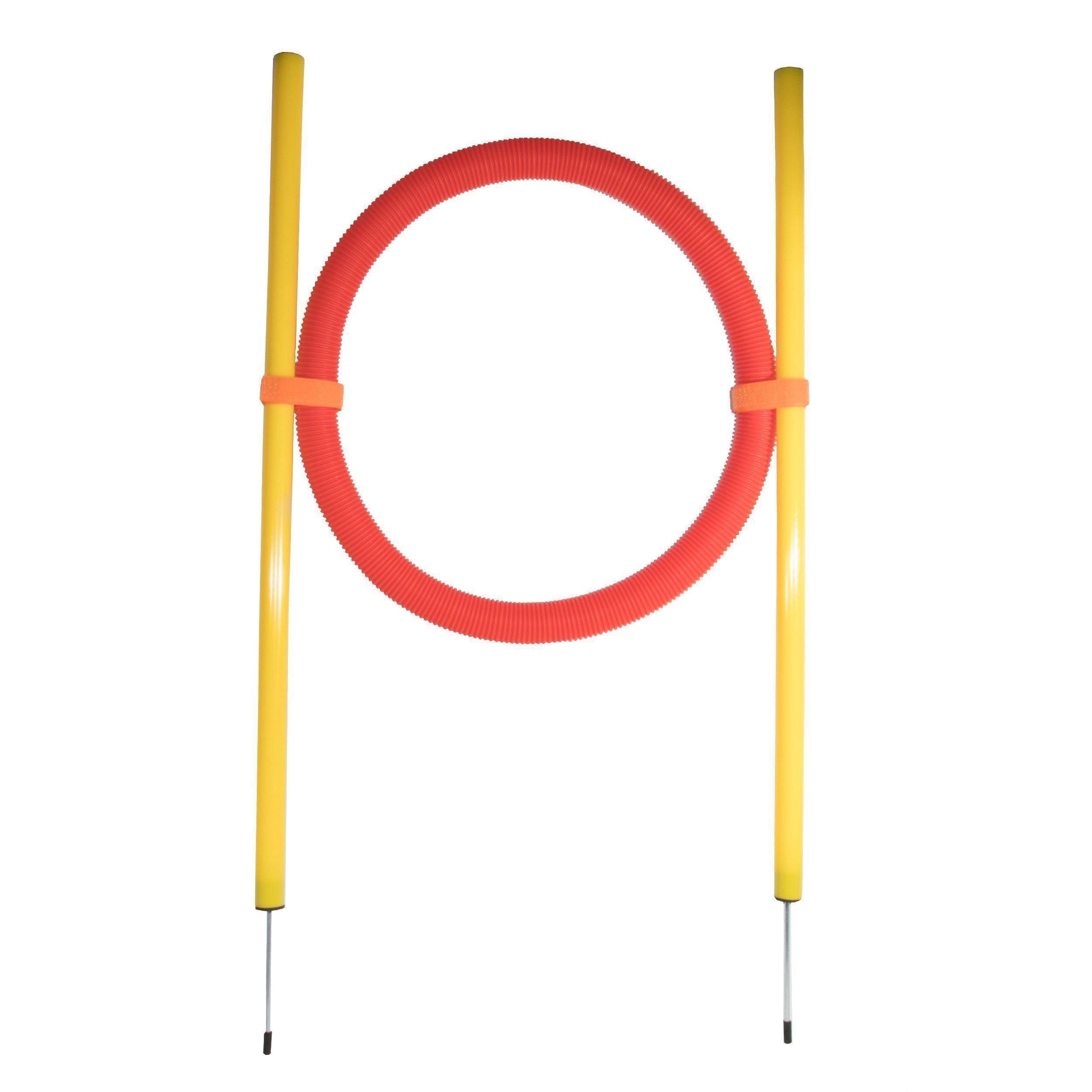 Collapsible agility hoop trainer: red flexible ring with yellow poles