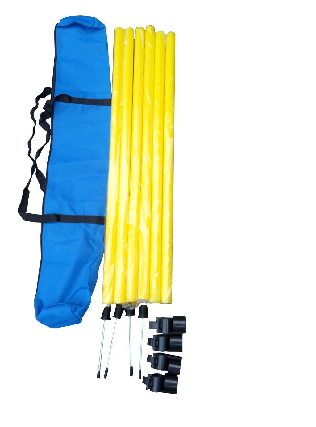 Agility hurdle kit with blue carry bag, yellow folding poles and black clamps