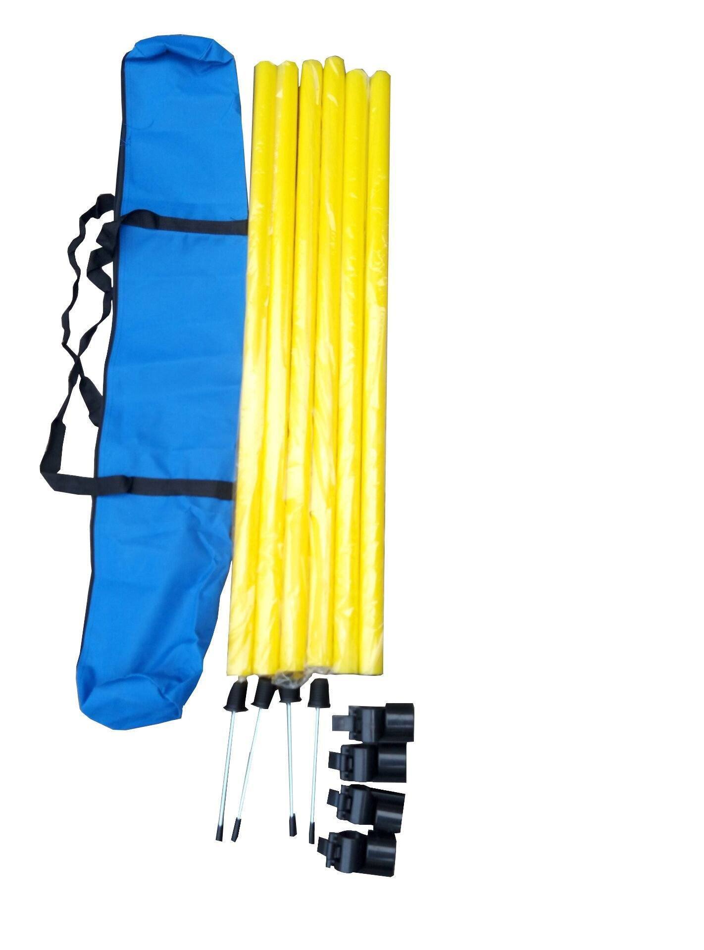 Agility hurdle kit with blue carry bag, yellow folding poles and black clamps