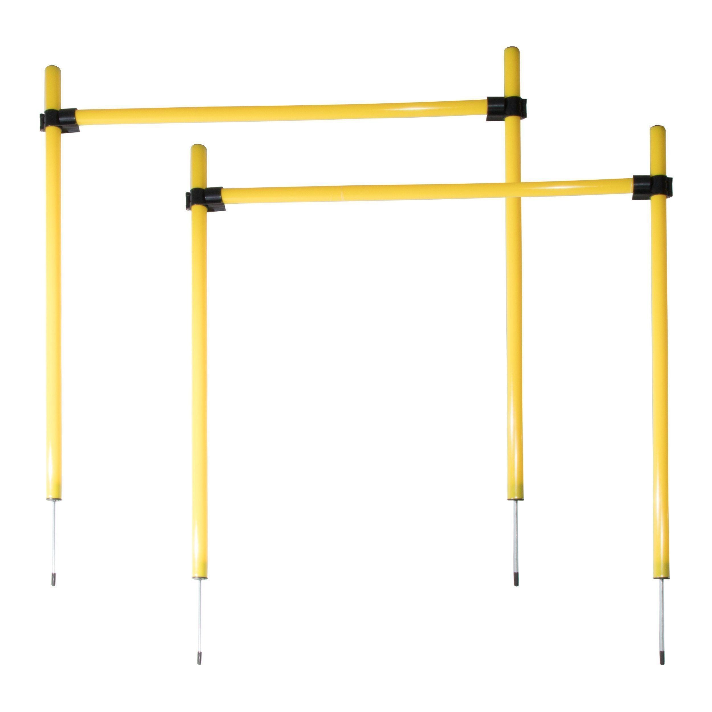Collapsible agility hurdle with yellow poles and black connectors, adjustable training frame