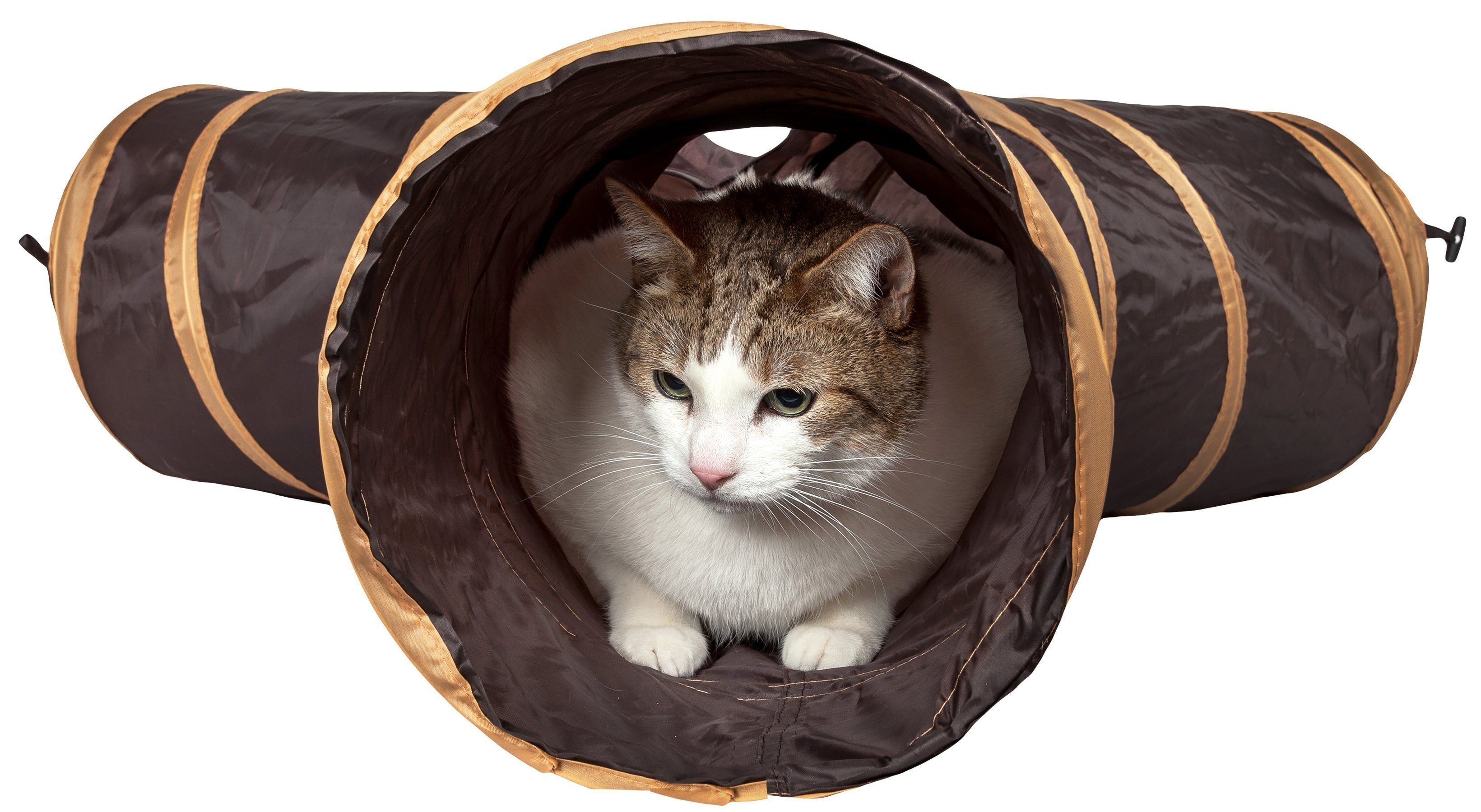 Brown 3-way cat tunnel with cat inside, resting in the round front opening