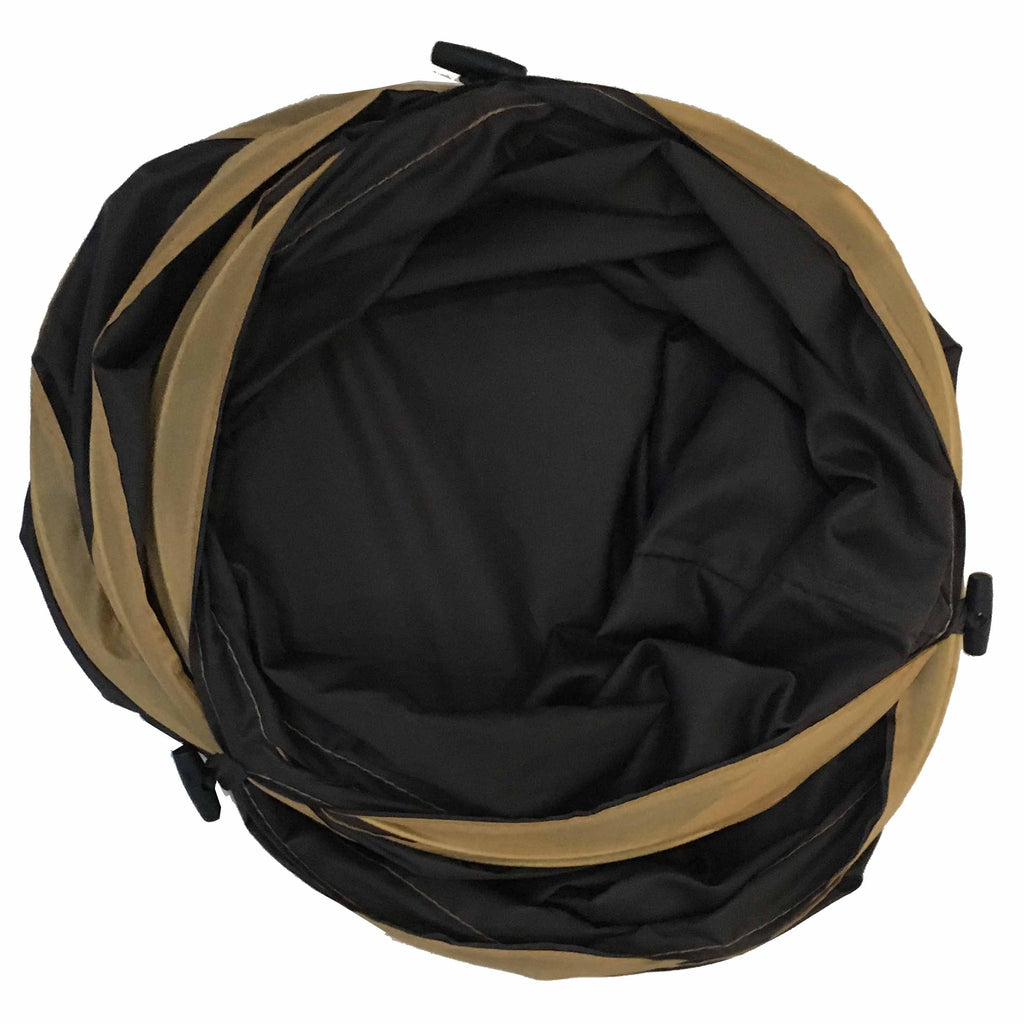 Brown-and-black circular cat tunnel with compact folded design and rounded opening