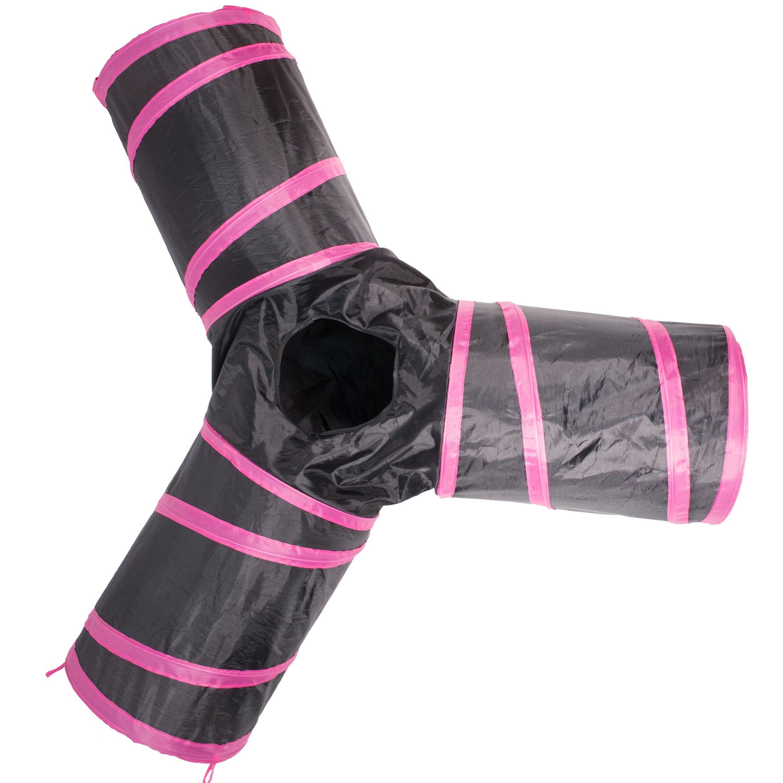 Pink-striped 3-way cat tunnel with long side tubes and round entrance openings