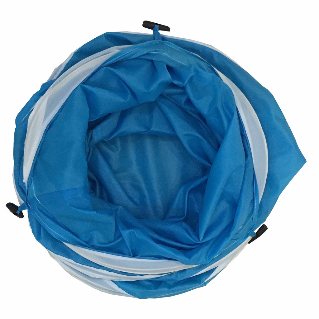 Blue and white folding cat tunnel rolled up, showing fabric interior