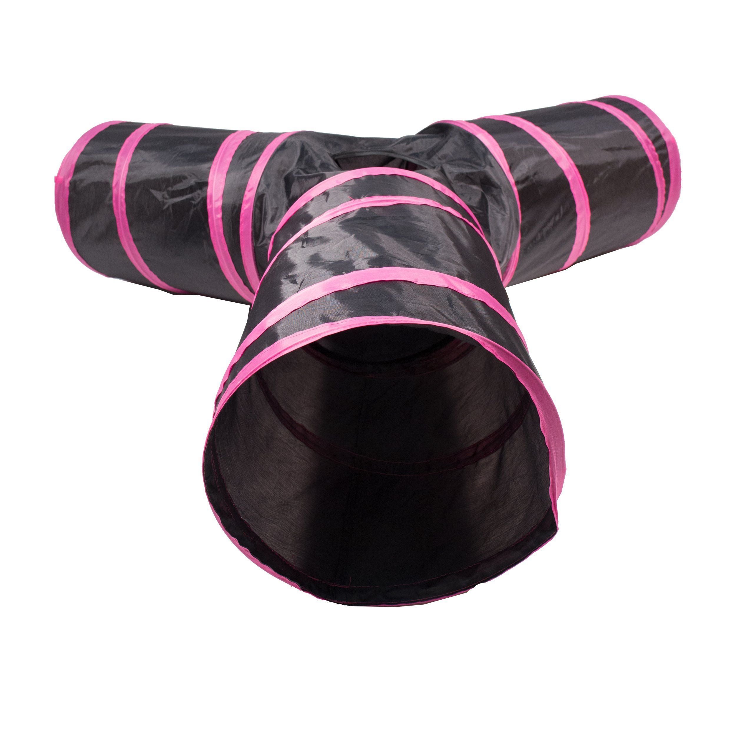 Pink-and-black 3-way cat tunnel with open center entrance and round side openings