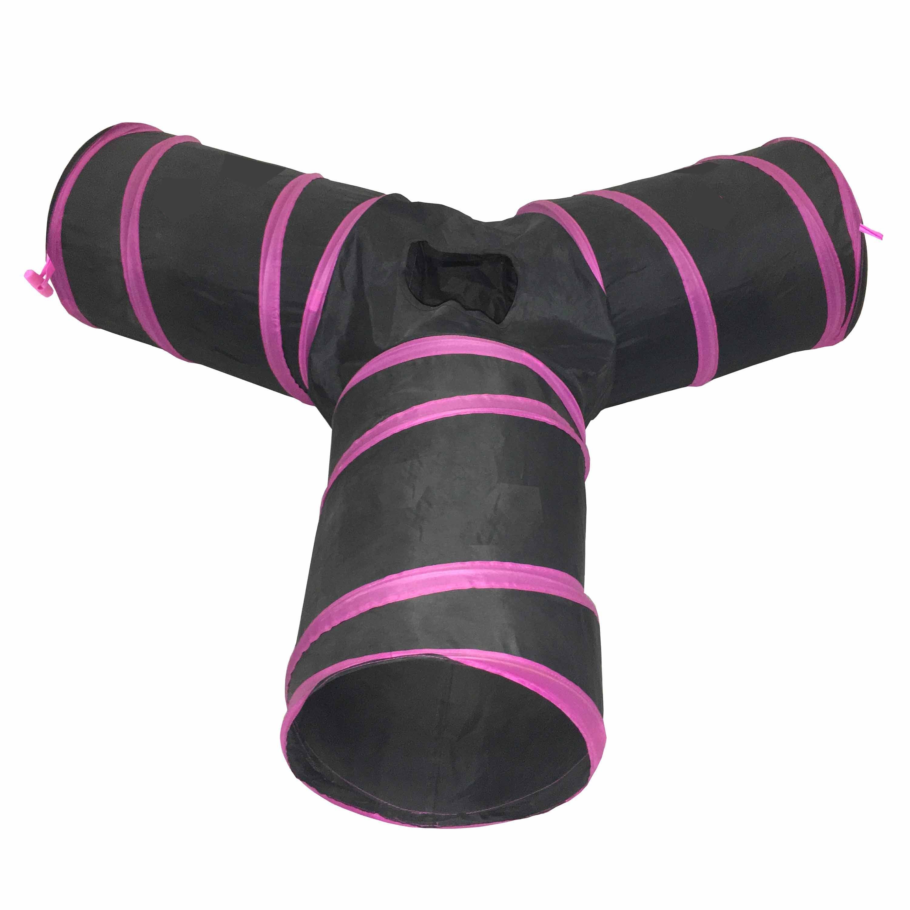 Pink-striped collapsible 3-way cat tunnel with three circular entrances