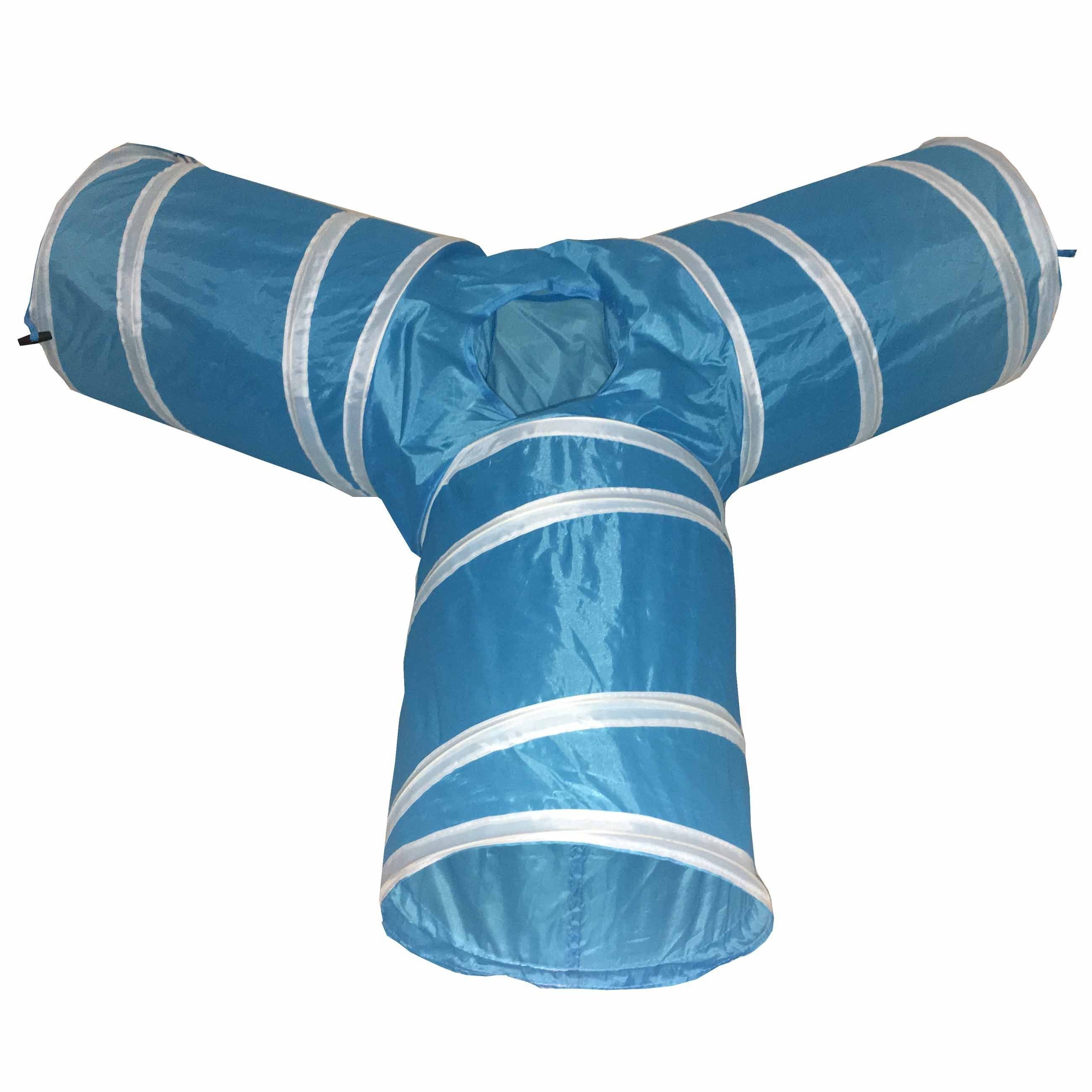 Blue-and-white collapsible 3-way cat tunnel with three circular entrances