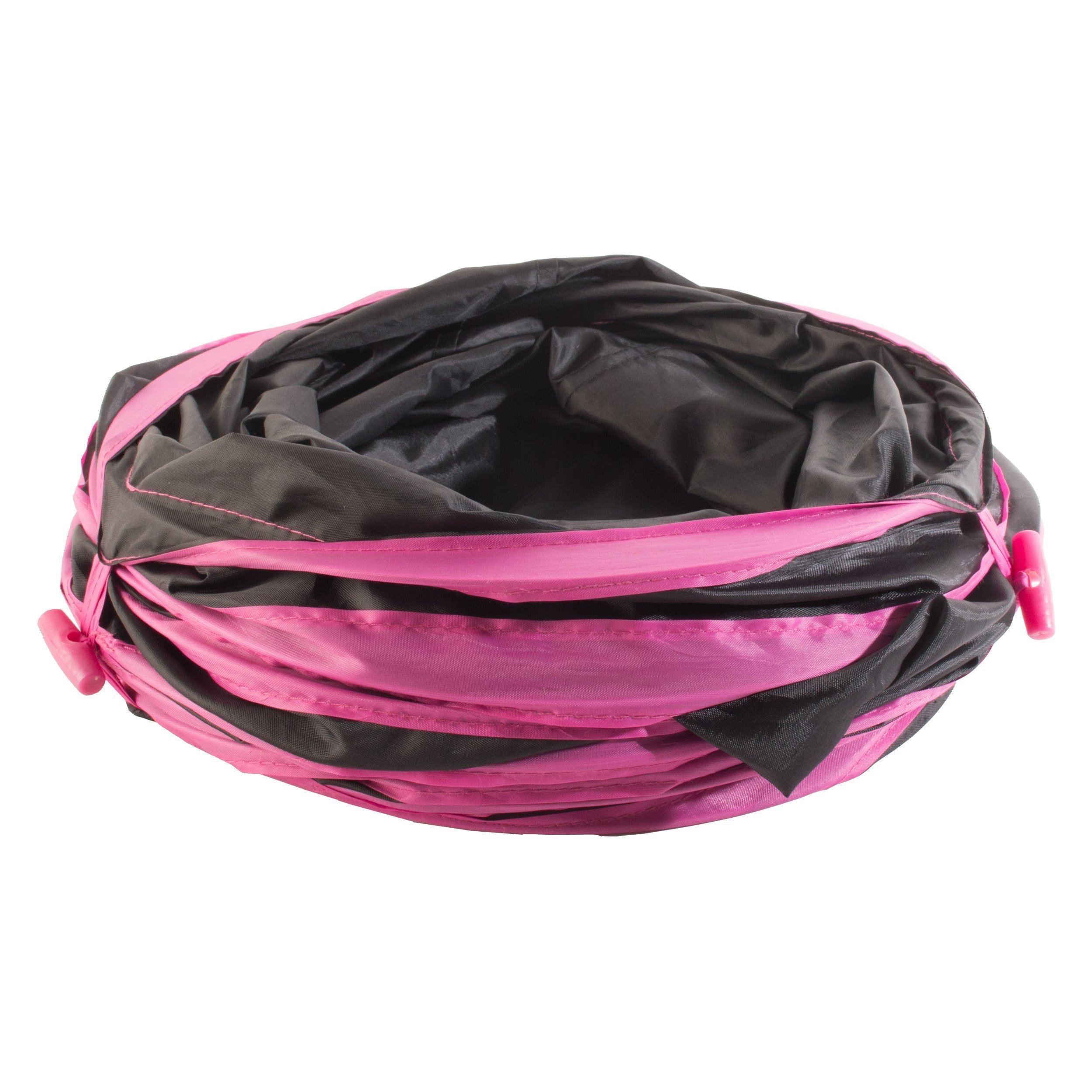 Collapsible 3-way cat tunnel in pink and dark gray fabric with ringed openings