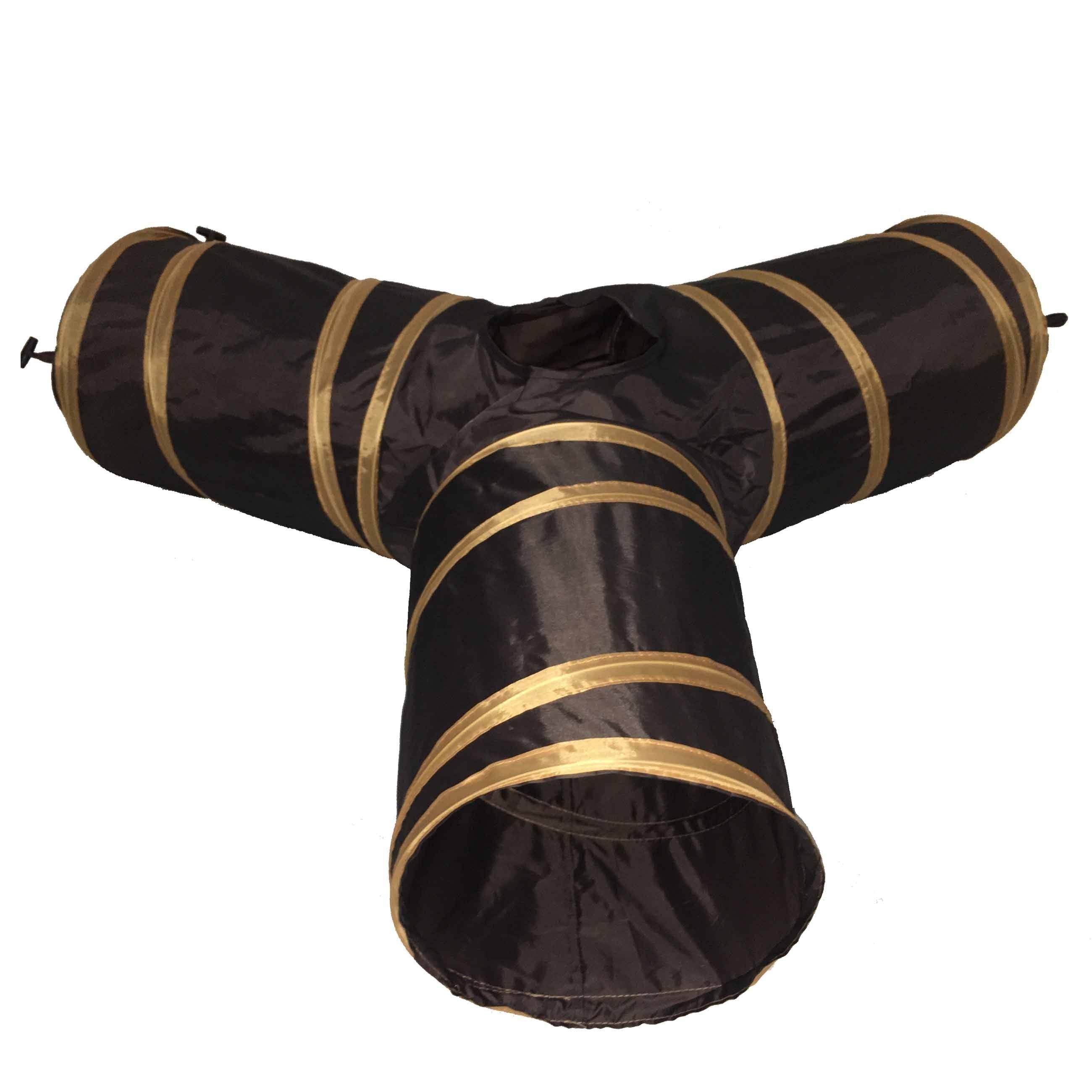 Brown-and-dark-brown collapsible 3-way cat tunnel with three circular openings