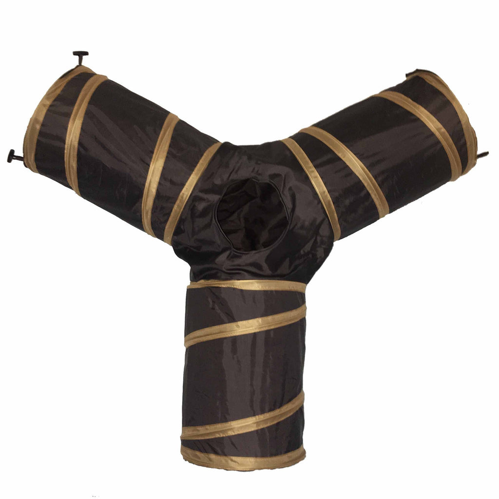 Brown collapsible 3-way cat tunnel with tan trim and three connected openings