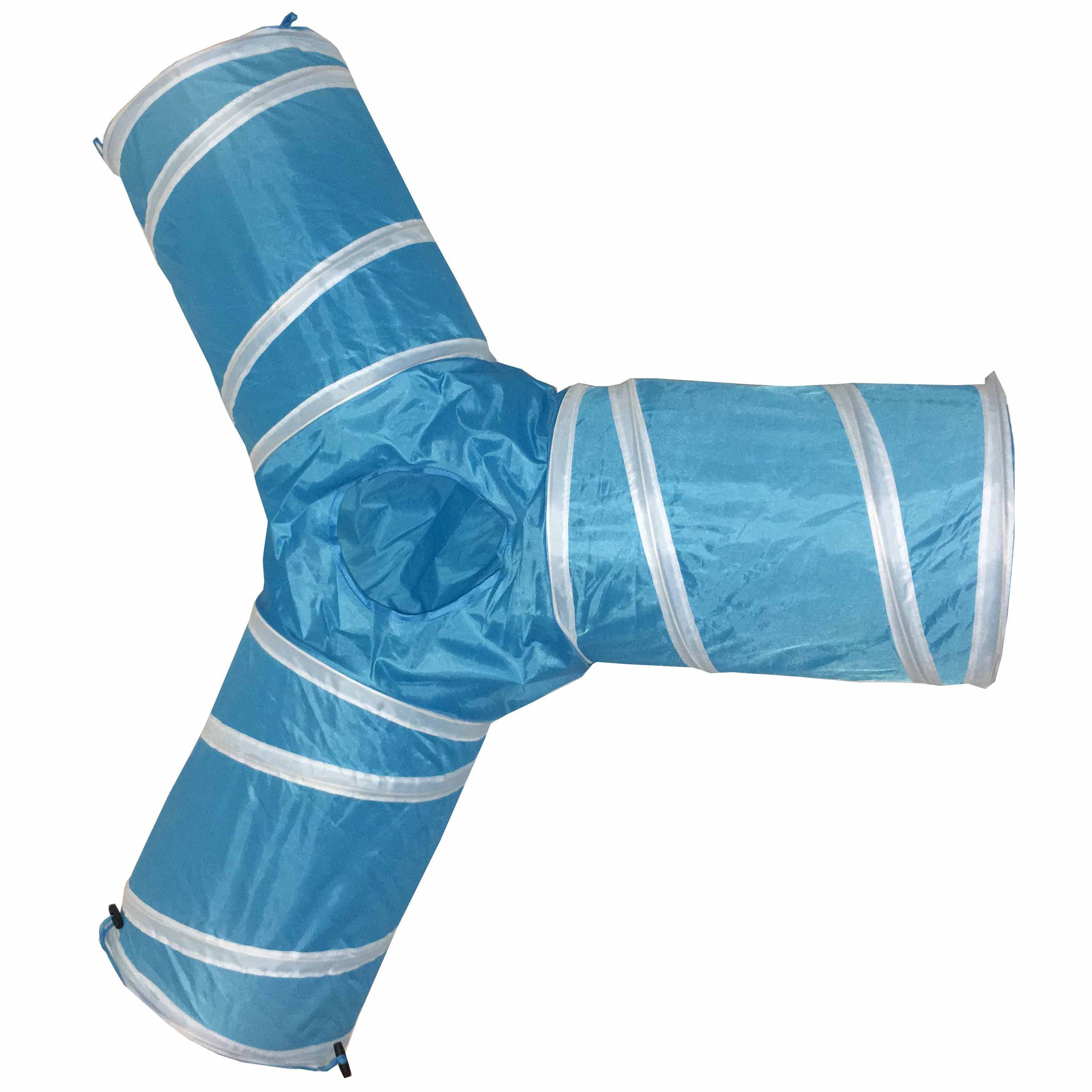 Blue collapsible cat tunnel with white stripes, side opening and curved long tube