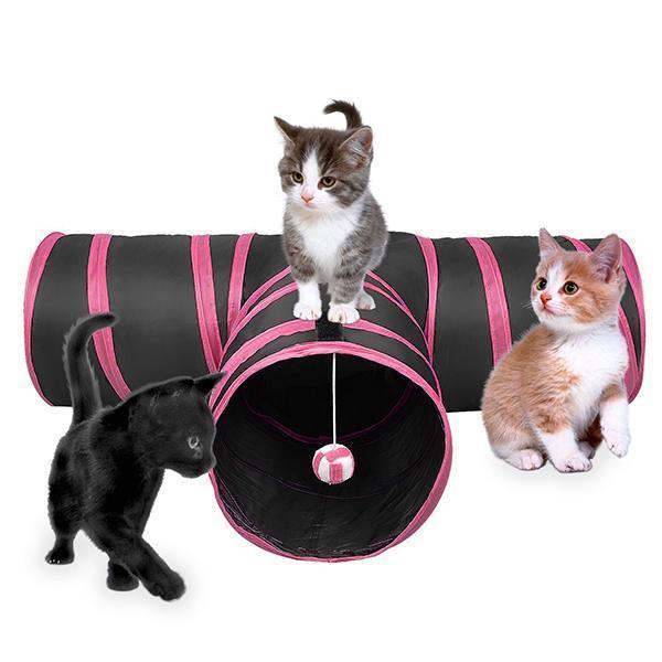 Pink-and-black collapsible 3-way cat tunnel with circular openings, kitten playing