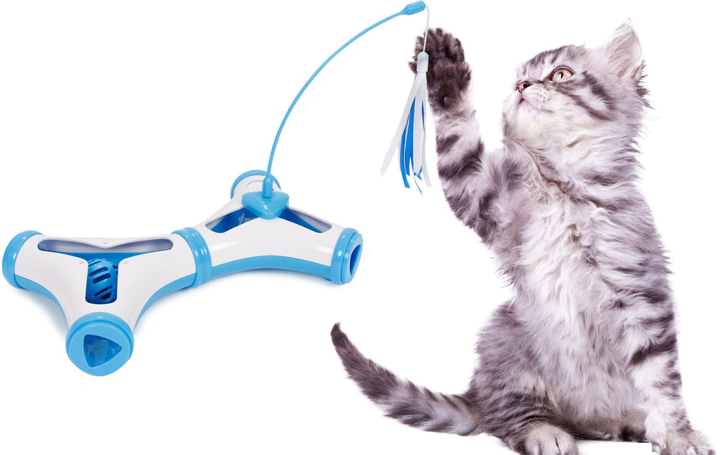 Blue interactive teaser cat puzzle toy on handle, hanging feathers; gray tabby cat playing