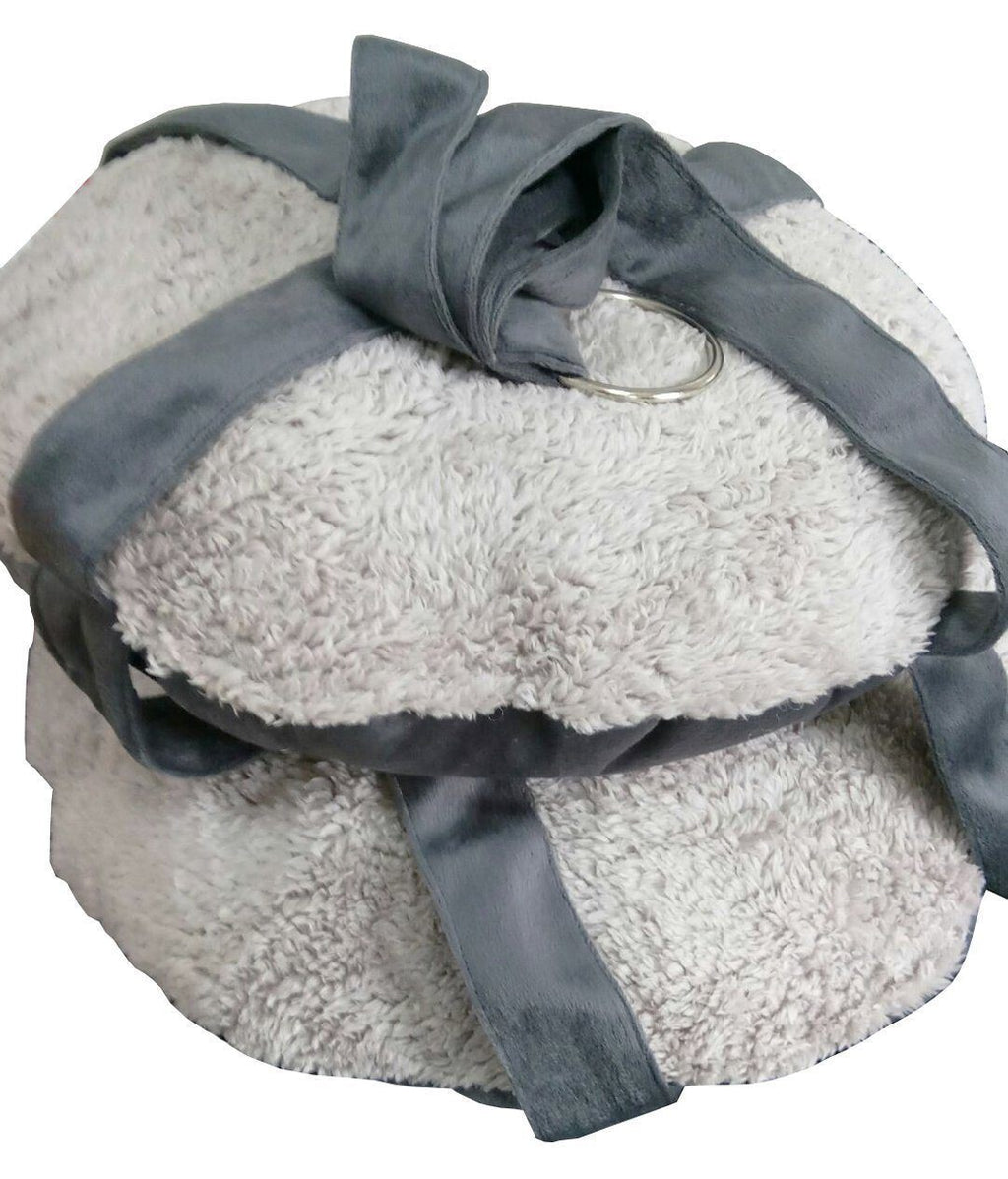 Grey hanging cat hammock lounger with plush oval cushions and fabric strap loops