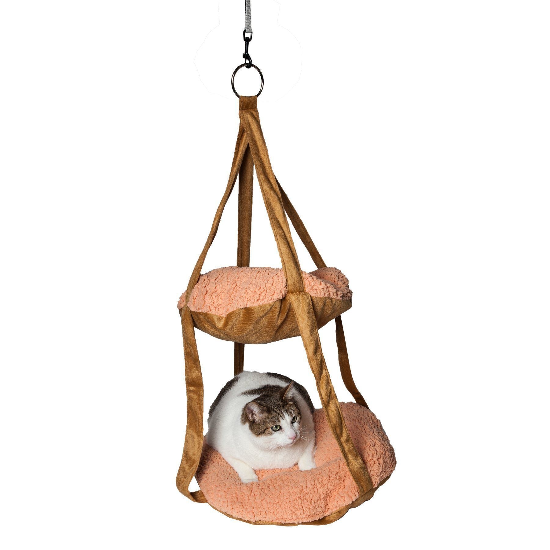 Brown hanging cat hammock lounger with plush oval beds; tabby cat lounging inside