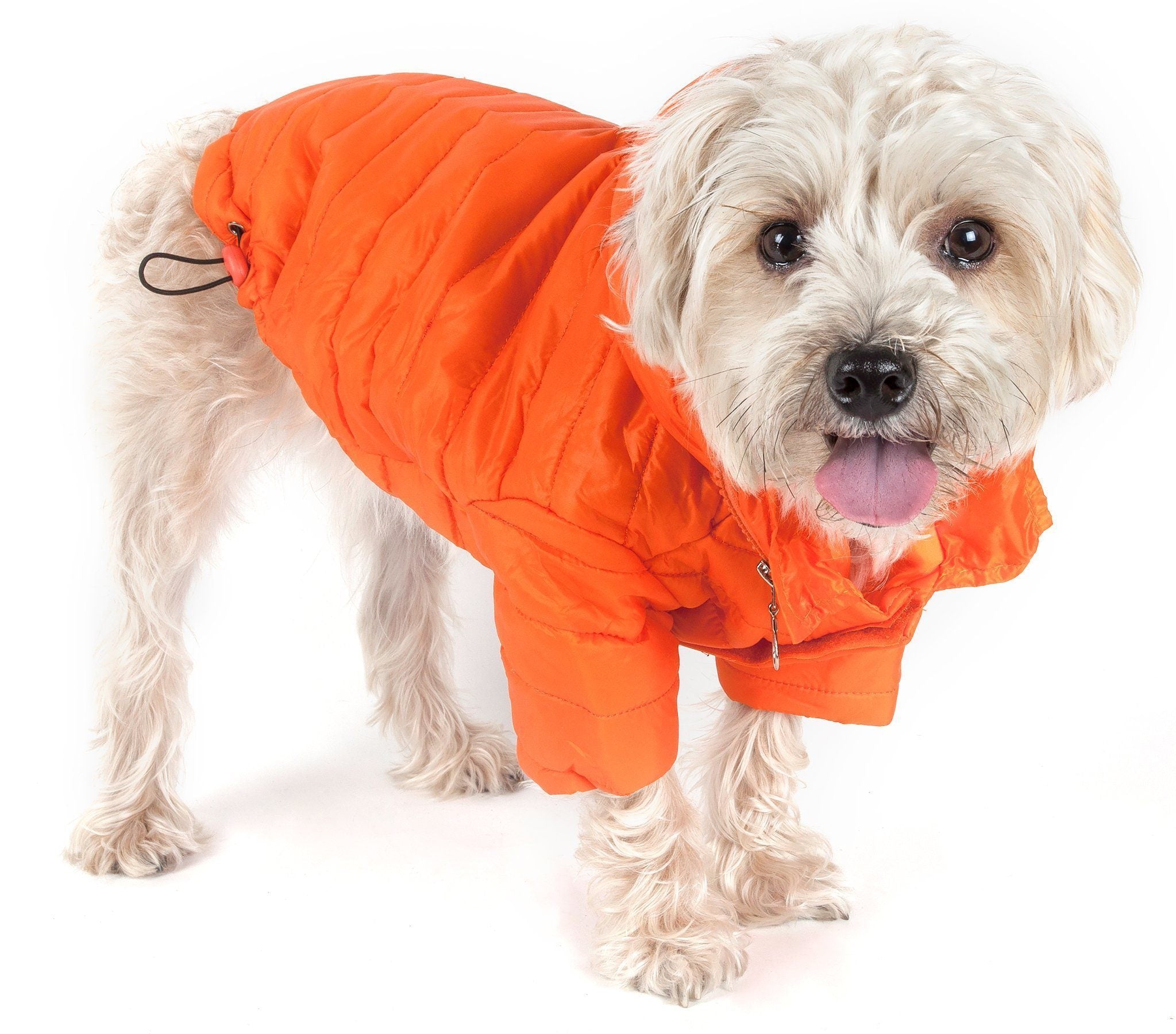 Orange lightweight dog coat with pop-out zipper hood and adjustable fit