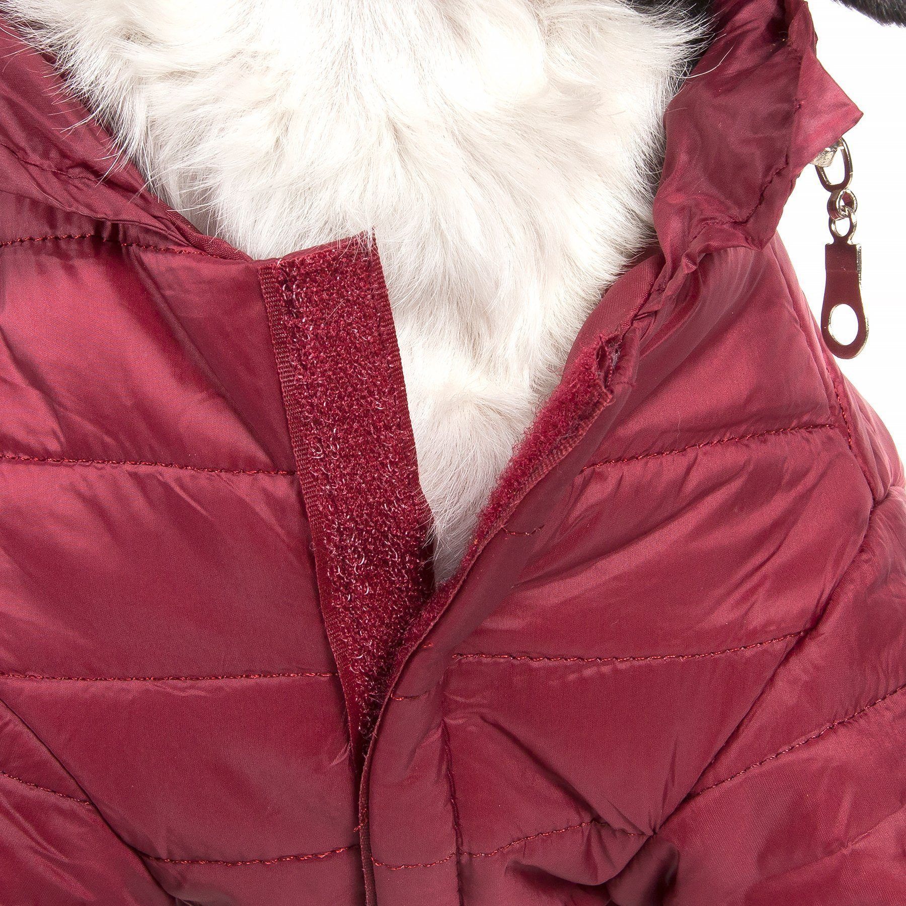 Burgundy puffer dog coat close-up with textured zipper tape and stitched panels
