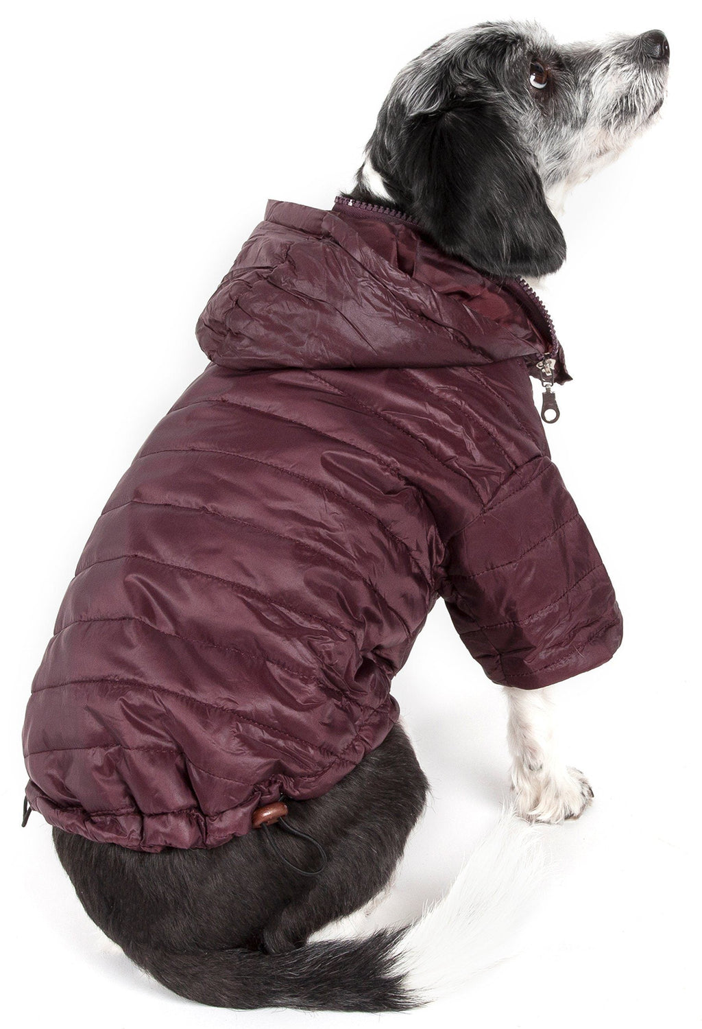 Burgundy red lightweight puffer dog coat with pop-out zipper hood and front zipper