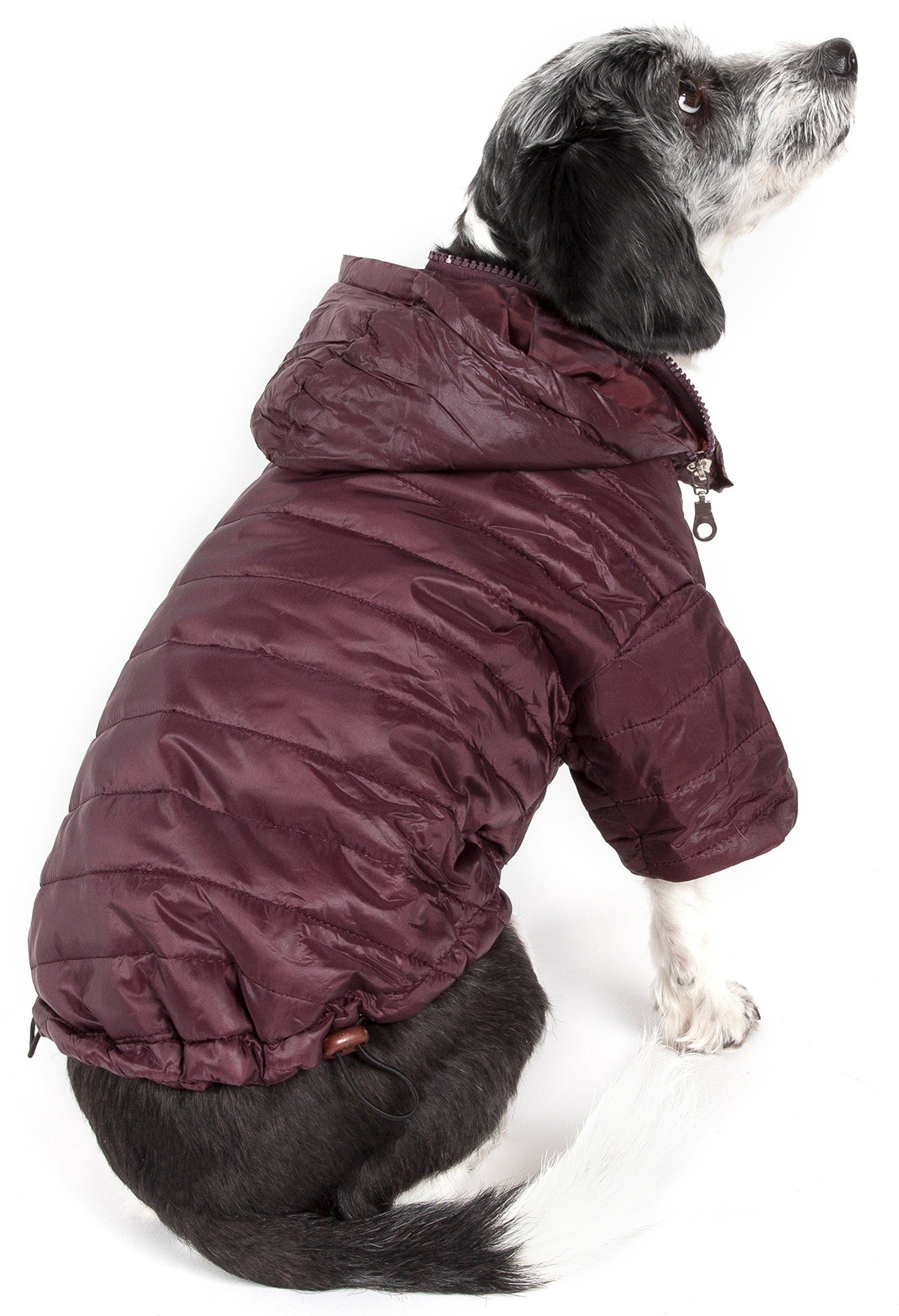 Burgundy red lightweight puffer dog coat with pop-out zipper hood and front zipper