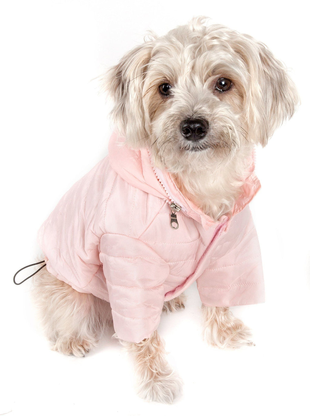Light pink quilted dog coat with hood, front zipper, and drawcord loop