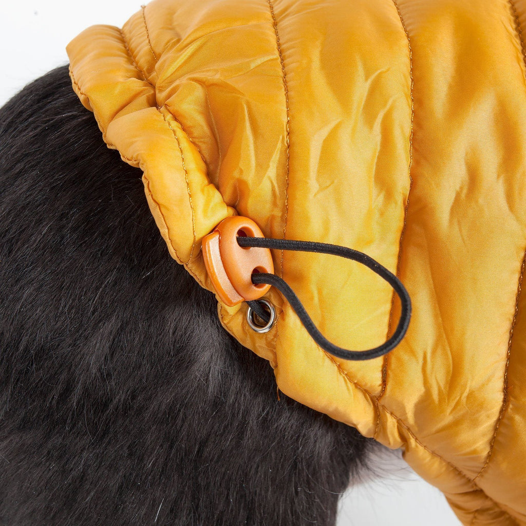 Mustard yellow lightweight puffer dog coat with snap rings and front zipper