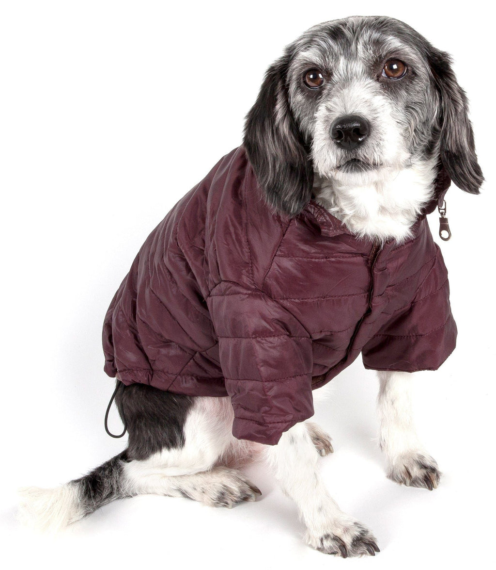 Burgundy puffer dog coat with front zipper and covered paws, hood not visible