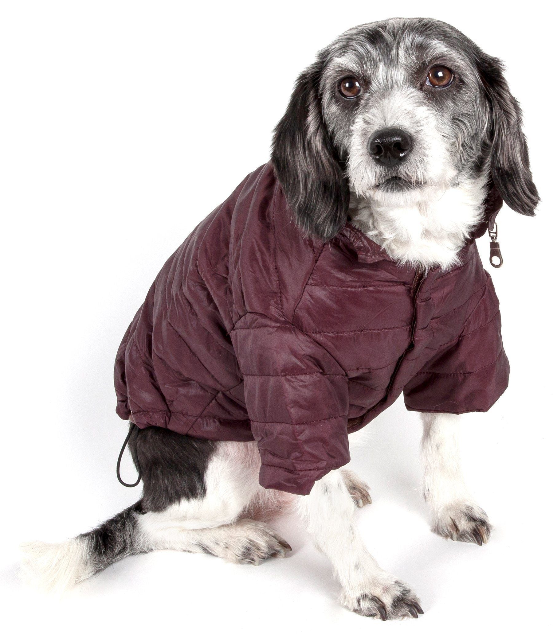 Burgundy puffer dog coat with front zipper and covered paws, hood not visible