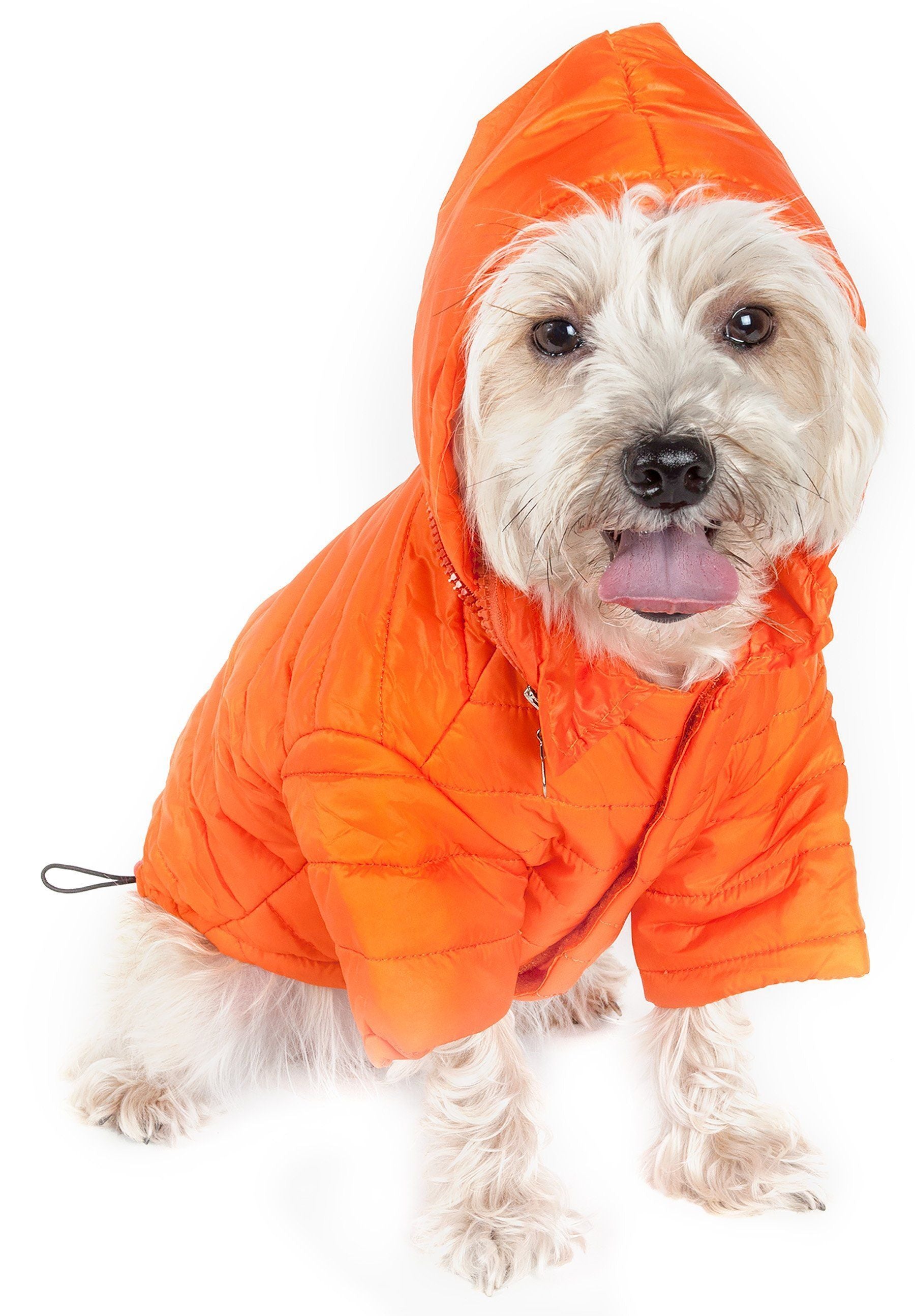 Orange quilted dog coat with adjustable hood, front zipper, and short sleeves