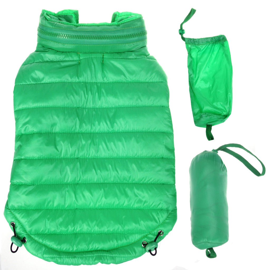 Bright green lightweight puffer dog coat with pop-out hood and carry pouch included