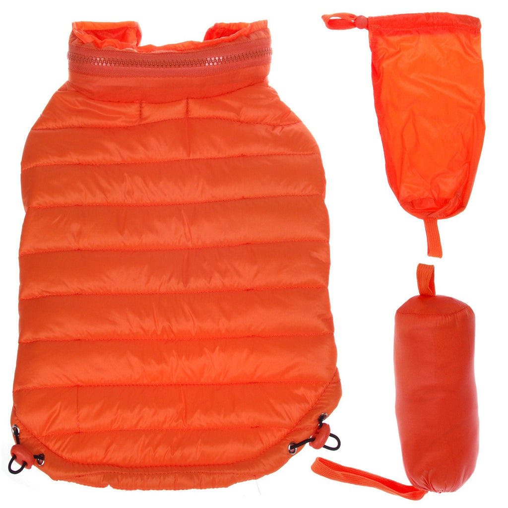 Orange dog coat with adjustable hood and collapsible carry pouch, pop-out zip hood